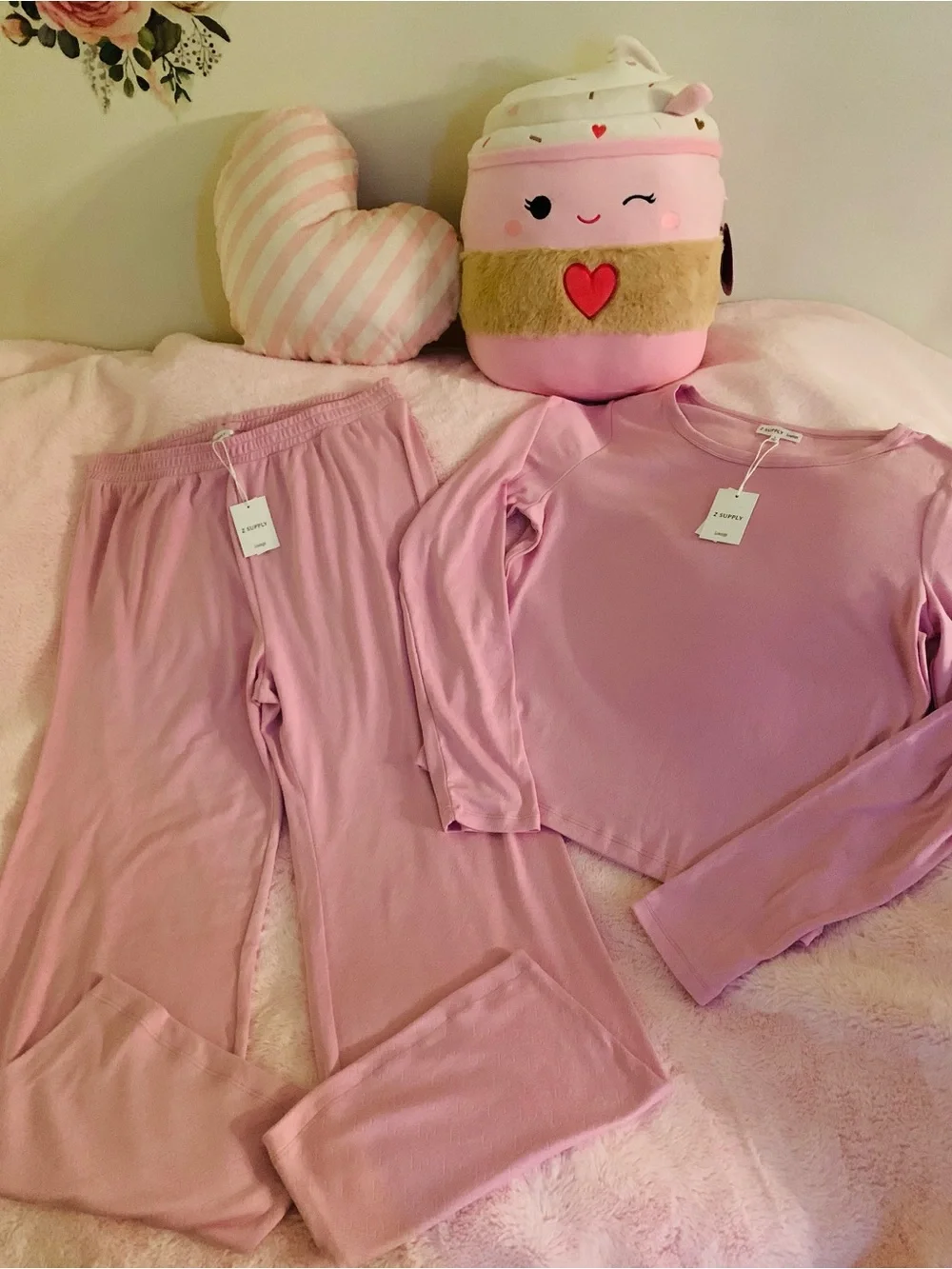 Z Supply Maison Heart Pointelle Long Loungewear Set Pink Crush Large Comfy NWT